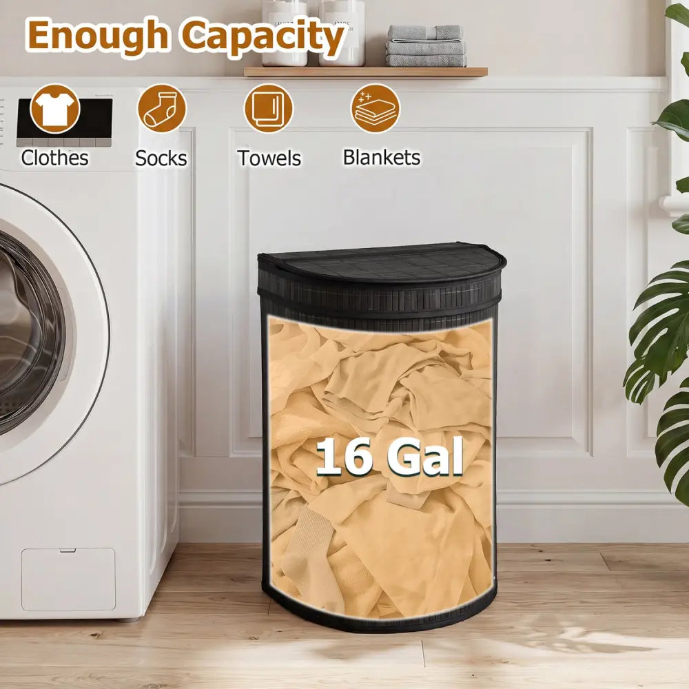 19 Gal Capacity Bamboo Laundry Hamper with Zippered Lid-Black - Black - Laundry Baskets