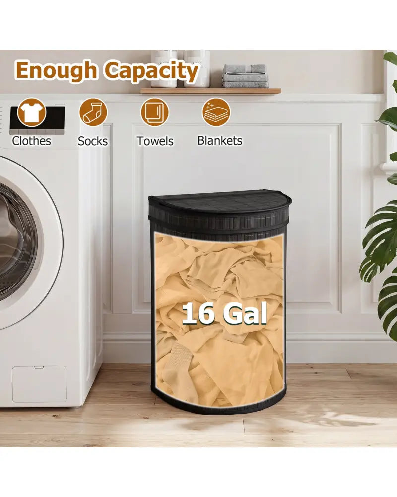 19 Gal Capacity Bamboo Laundry Hamper with Zippered Lid-Black - Black - Laundry Baskets