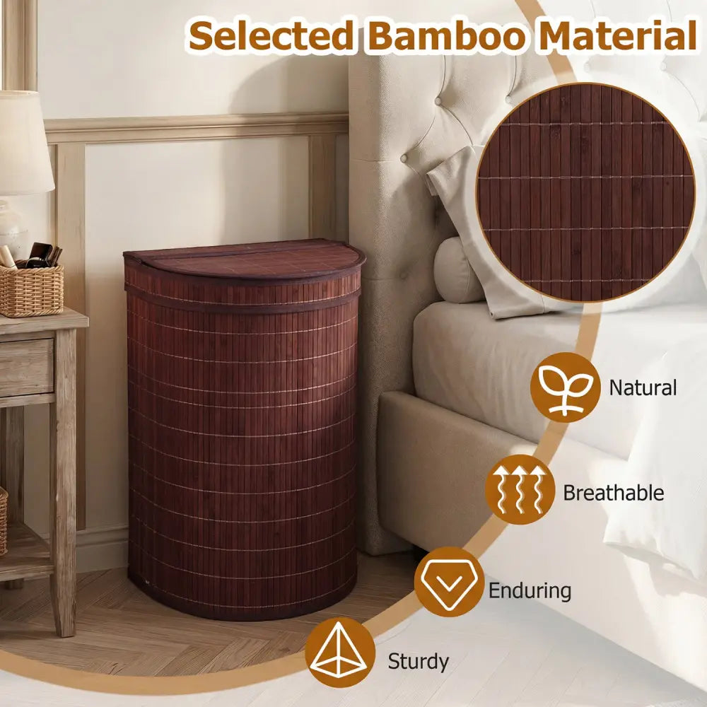 19 Gal Capacity Bamboo Laundry Hamper with Zippered Lid-Brown - Brown - Laundry Baskets