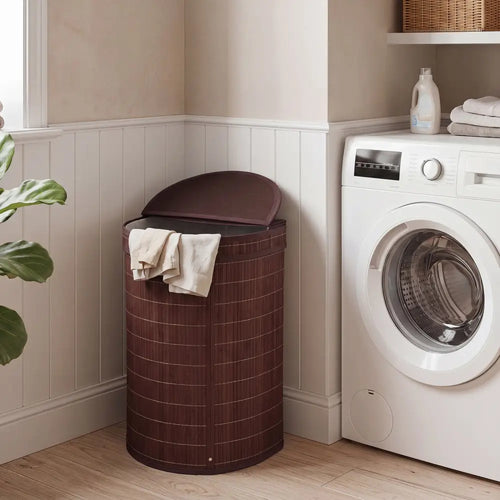 19 Gal Capacity Bamboo Laundry Hamper with Zippered Lid-Brown - Brown - Laundry Baskets