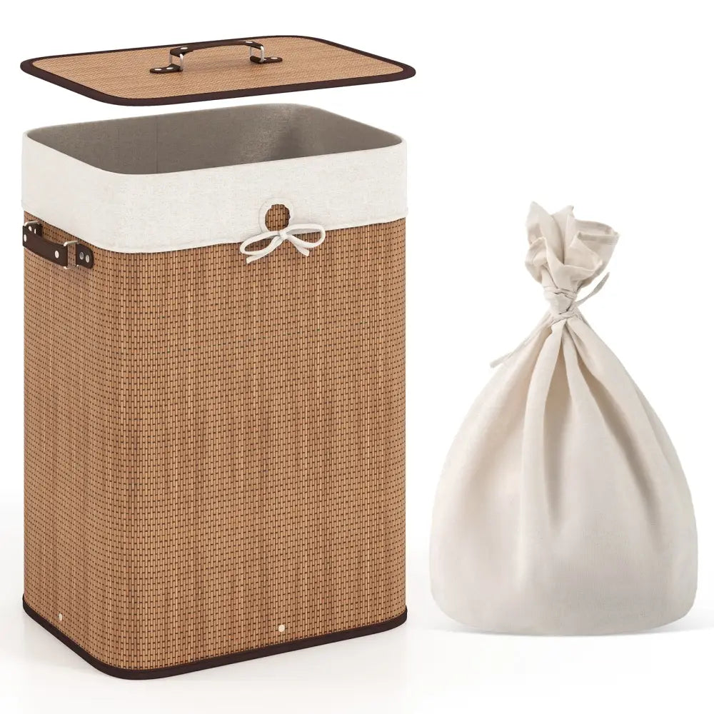 19 Gal Rectangle Laundry Basket Bamboo Clothes Hamper with Handles and Lid-Yellow - Yellow - Laundry Baskets