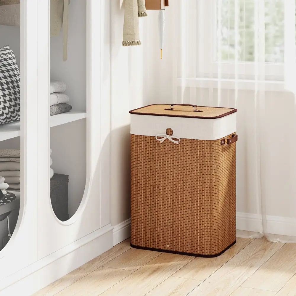 19 Gal Rectangle Laundry Basket Bamboo Clothes Hamper with Handles and Lid-Yellow - Yellow - Laundry Baskets
