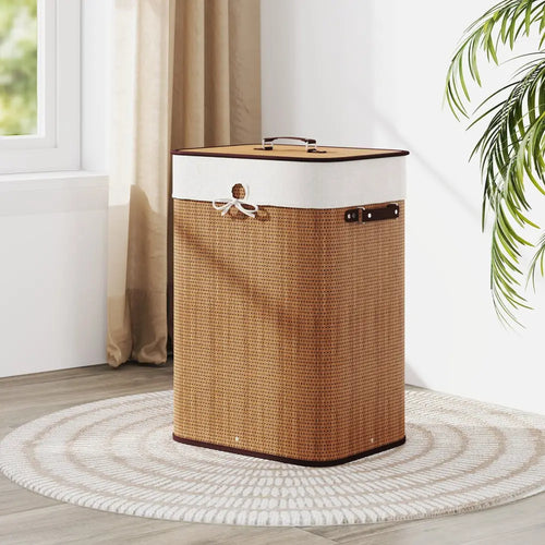 19 Gal Rectangle Laundry Basket Bamboo Clothes Hamper with Handles and Lid-Yellow - Yellow - Laundry Baskets