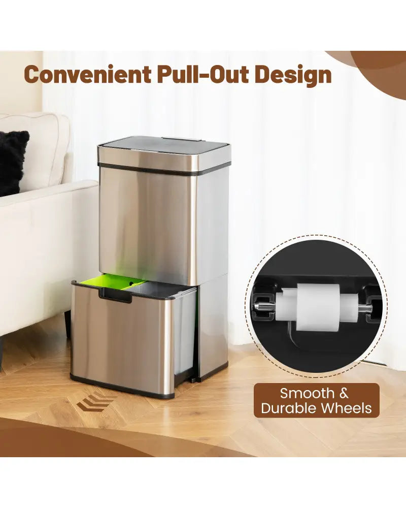 19 Gal Stainless Steel Trash Can with Kitchen Waste Bin and 2 Bottom Recycling Bins-Silver - Silver - Kitchen Trash Cans