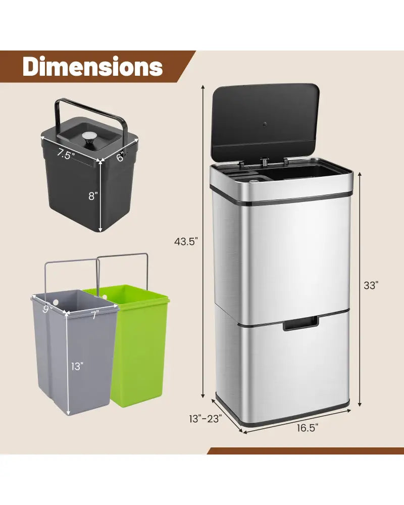 19 Gal Stainless Steel Trash Can with Kitchen Waste Bin and 2 Bottom Recycling Bins-Silver - Silver - Kitchen Trash Cans