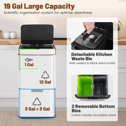 19 Gal Stainless Steel Trash Can with Kitchen Waste Bin and 2 Bottom Recycling Bins - Silver - Oasis Home Essentials