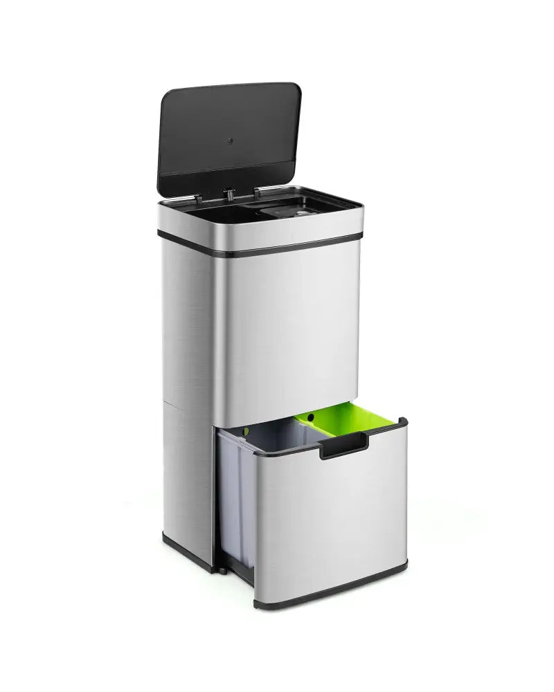 19 Gal Stainless Steel Trash Can with Kitchen Waste Bin and 2 Bottom Recycling Bins-Silver - Silver - Kitchen Trash Cans