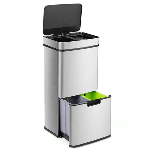 19 Gal Stainless Steel Trash Can with Kitchen Waste Bin and 2 Bottom Recycling Bins-Silver - Silver - Kitchen Trash Cans
