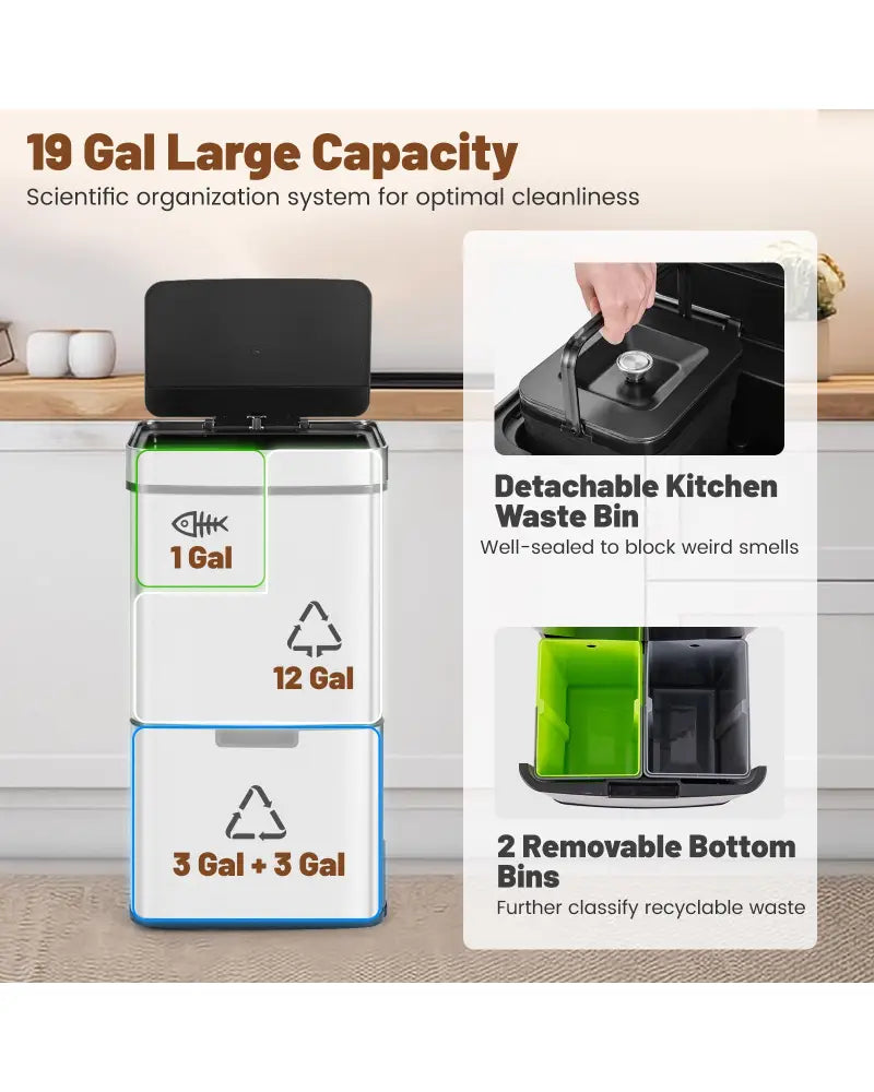 19 Gal Stainless Steel Trash Can with Kitchen Waste Bin and 2 Bottom Recycling Bins-Silver - Silver - Kitchen Trash Cans