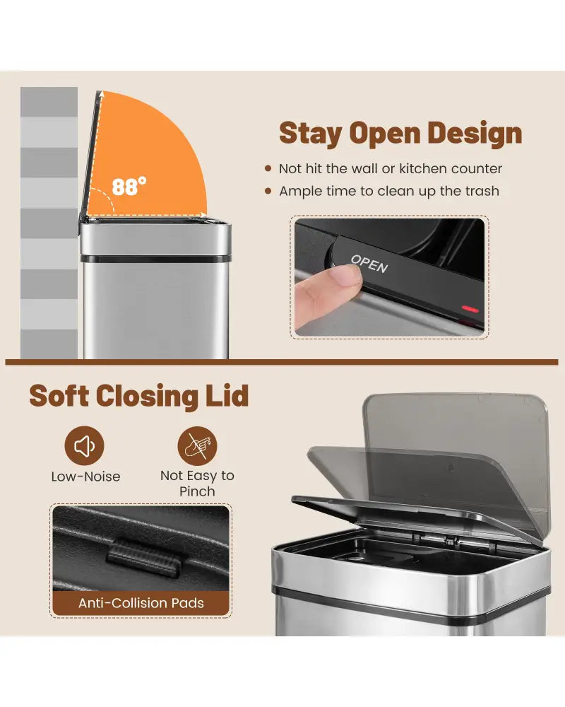 19 Gal Stainless Steel Trash Can with Kitchen Waste Bin and 2 Bottom Recycling Bins-Silver - Silver - Kitchen Trash Cans