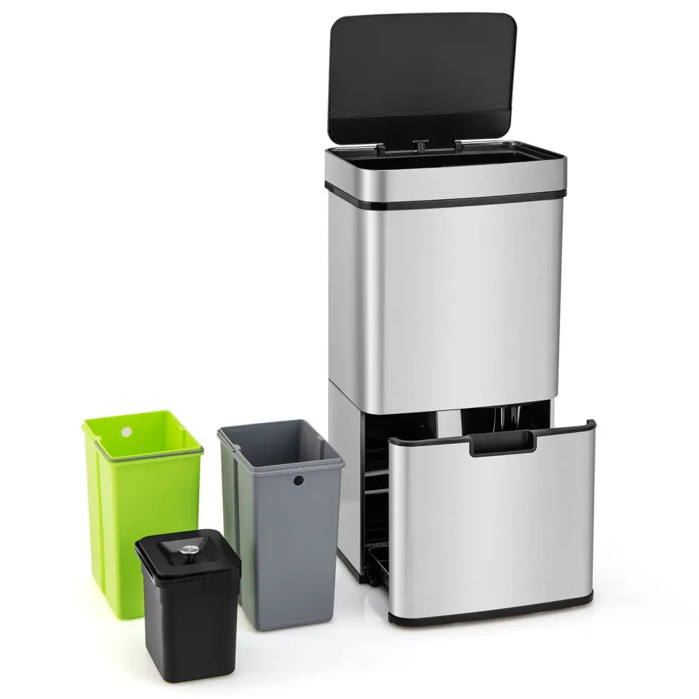 19 Gal Stainless Steel Trash Can with Kitchen Waste Bin and 2 Bottom Recycling Bins - Silver - Oasis Home Essentials