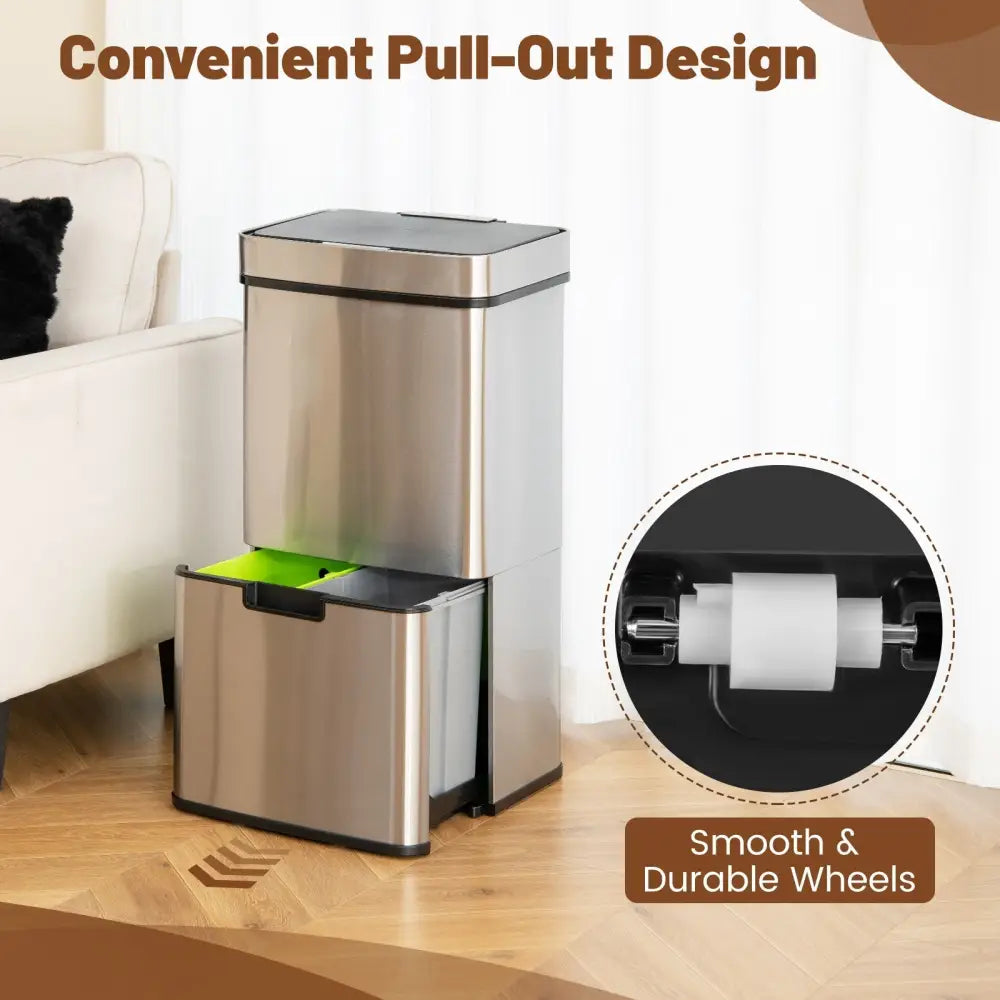 19 Gal Stainless Steel Trash Can with Kitchen Waste Bin and 2 Bottom Recycling Bins - Silver - Oasis Home Essentials