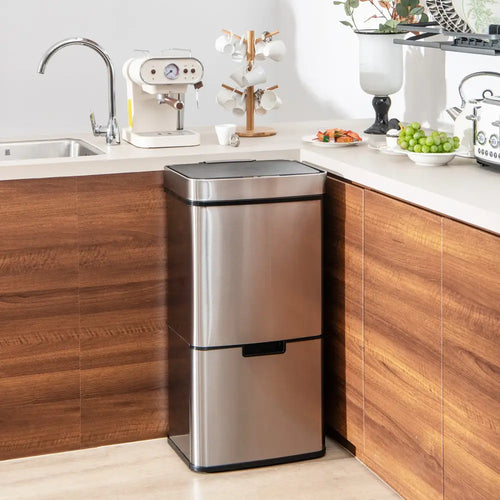 19 Gal Stainless Steel Trash Can with Kitchen Waste Bin and 2 Bottom Recycling Bins-Silver - Silver - Kitchen Trash Cans