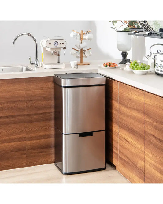 19 Gal Stainless Steel Trash Can with Kitchen Waste Bin and 2 Bottom Recycling Bins-Silver - Silver - Kitchen Trash Cans