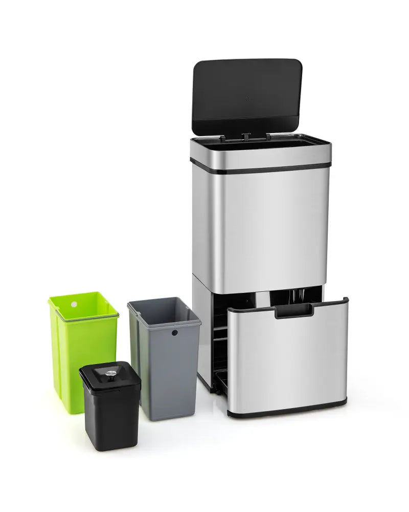 19 Gal Stainless Steel Trash Can with Kitchen Waste Bin and 2 Bottom Recycling Bins-Silver - Silver - Kitchen Trash Cans
