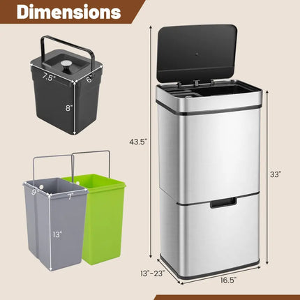 19 Gal Stainless Steel Trash Can with Kitchen Waste Bin and 2 Bottom Recycling Bins - Silver - Oasis Home Essentials