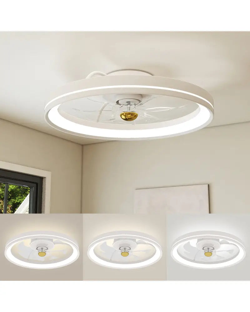 19 Inch Ceiling Fan Low Profile Flush Mount Fan with 3000-6500K Dimmable LED-White - White - Ceiling Fans