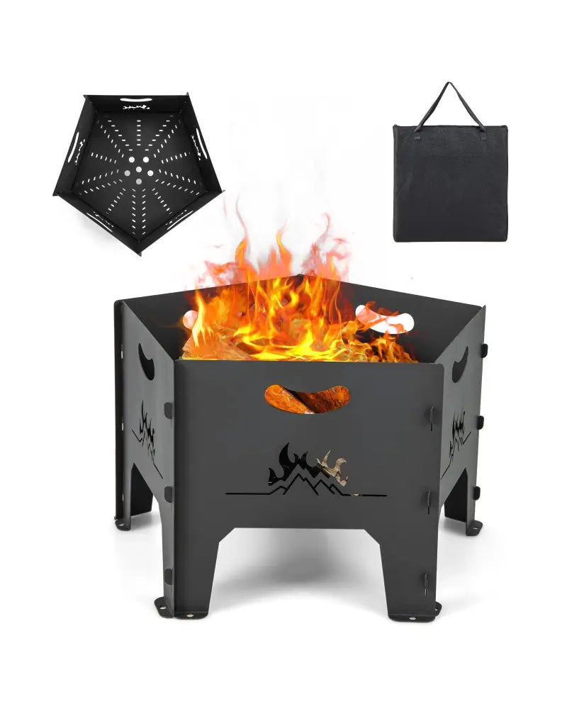 19 Inches Collapsible Portable Plug Fire Pit with Storage Bag - Black - Fire Pits