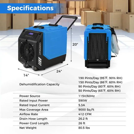 190 PPD Commercial Dehumidifier with Pump and 2 Wheels-Blue Costway