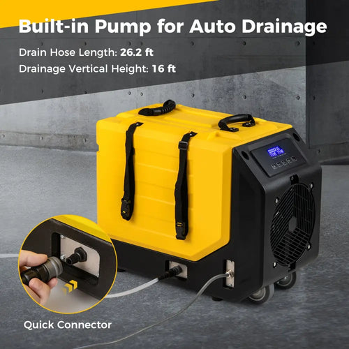 190 PPD Commercial Dehumidifier with Pump and 2 Wheels-Yellow - Yellow - Dehumidifiers