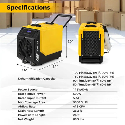 190 PPD Commercial Dehumidifier with Pump and 2 Wheels-Yellow Costway