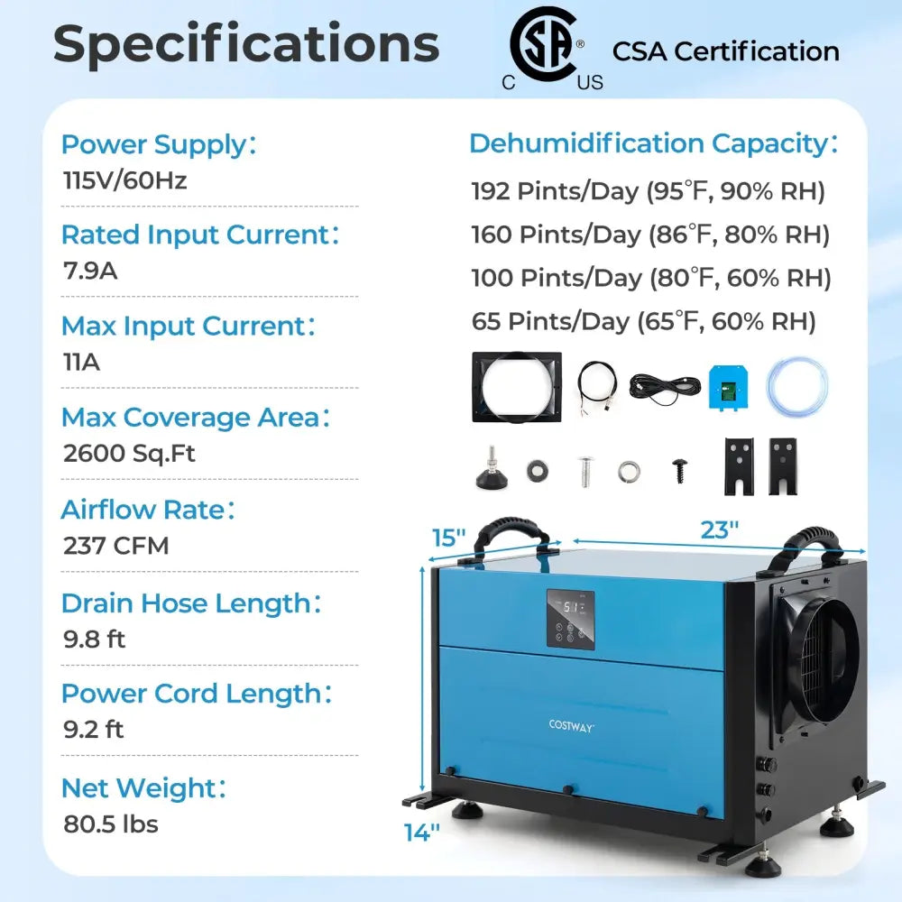 192 Pint Crawl Space Dehumidifier with 3 Modes and 24H Timer-Blue - Blue - Dehumidifiers