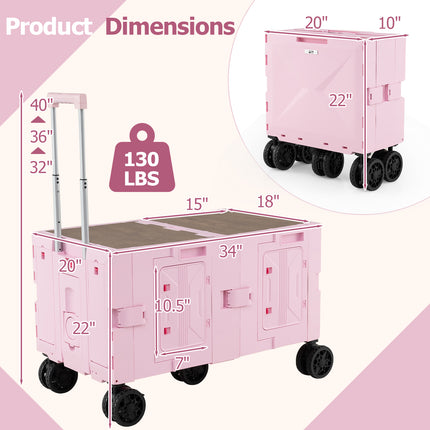 Large Foldable Utility Cart with 2-Tier Storage Crates and Telescoping Handle-Pink