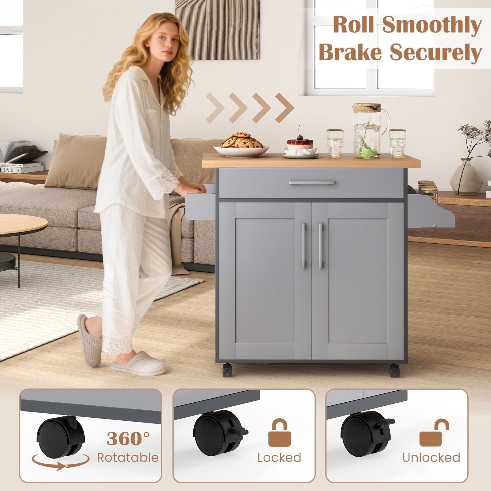 Rolling Kitchen Island Cart with Towel and Spice Rack-Gray