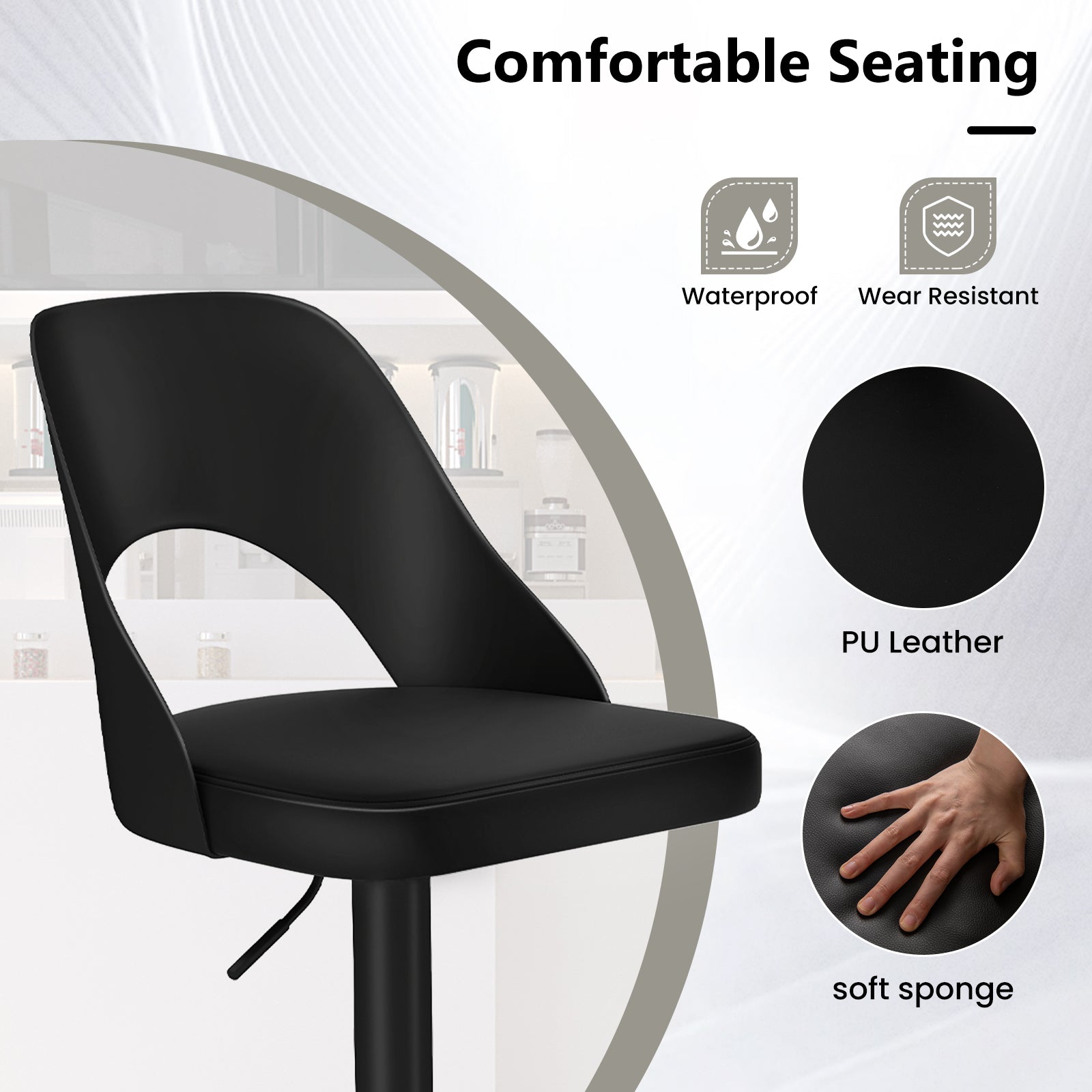 Bar Stools Set of 2 with Enlarged PU Leather Seat and Footrest-Black