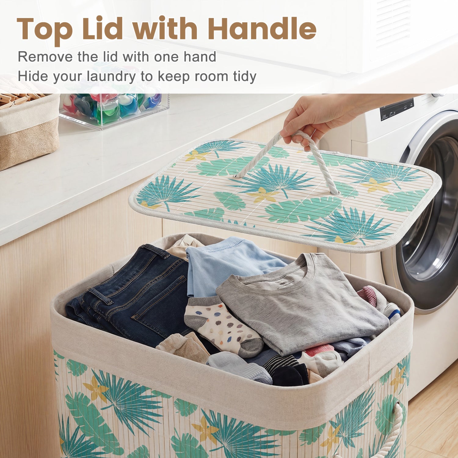 19 Gal Bamboo Clothes Hamper with Removable Liner and Portable Handles-Green