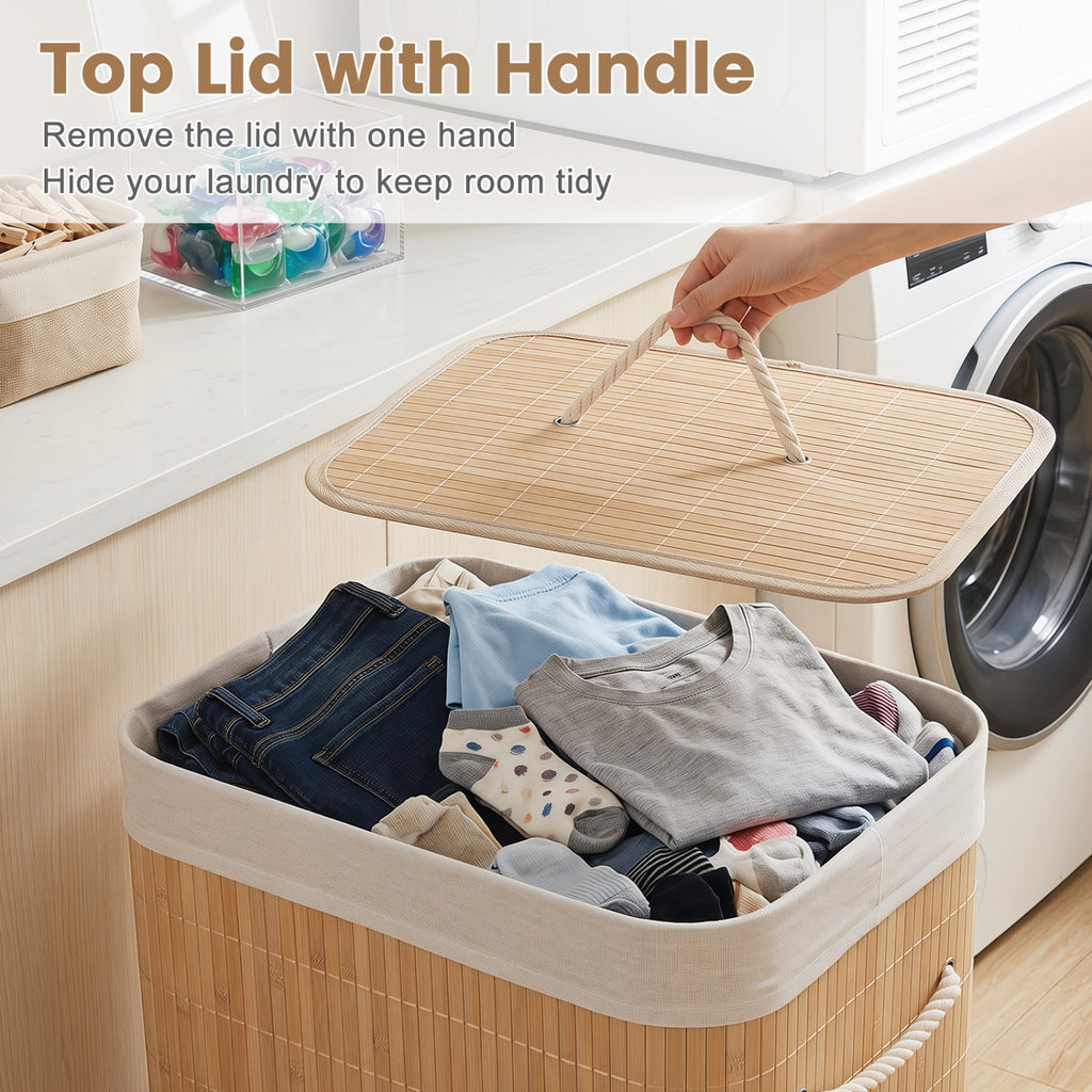 19 Gal Bamboo Clothes Hamper with Removable Liner and Portable Handles-Natrual