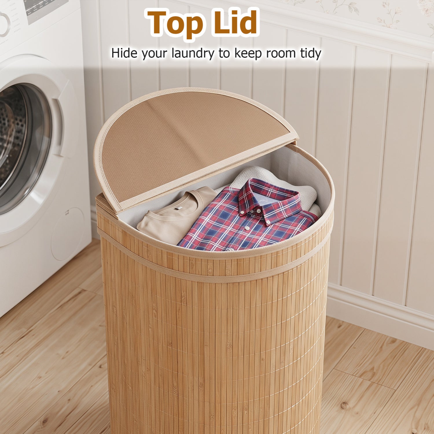 19 Gal Capacity Bamboo Laundry Hamper with Zippered Lid-Natural
