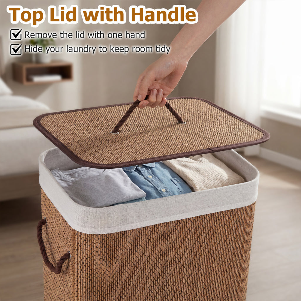 19 Gal Capacity Bamboo Clothes Hamper with Removable Liner and Portable Handles-Brown