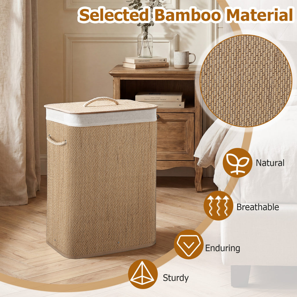 19 Gal Capacity Bamboo Clothes Hamper with Removable Liner and Portable Handles-Natrual