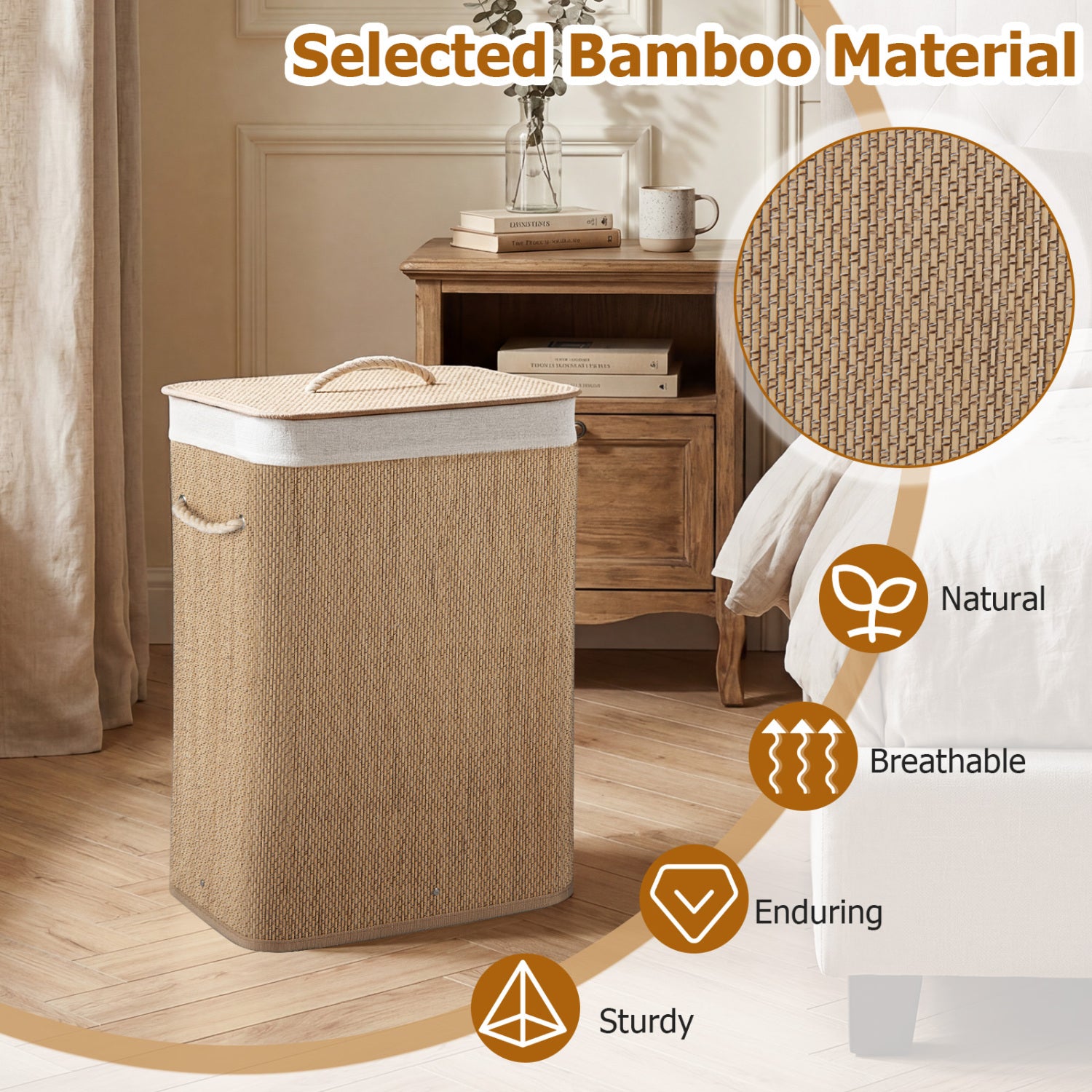19 Gal Capacity Bamboo Clothes Hamper with Removable Liner and Portable Handles-Natrual