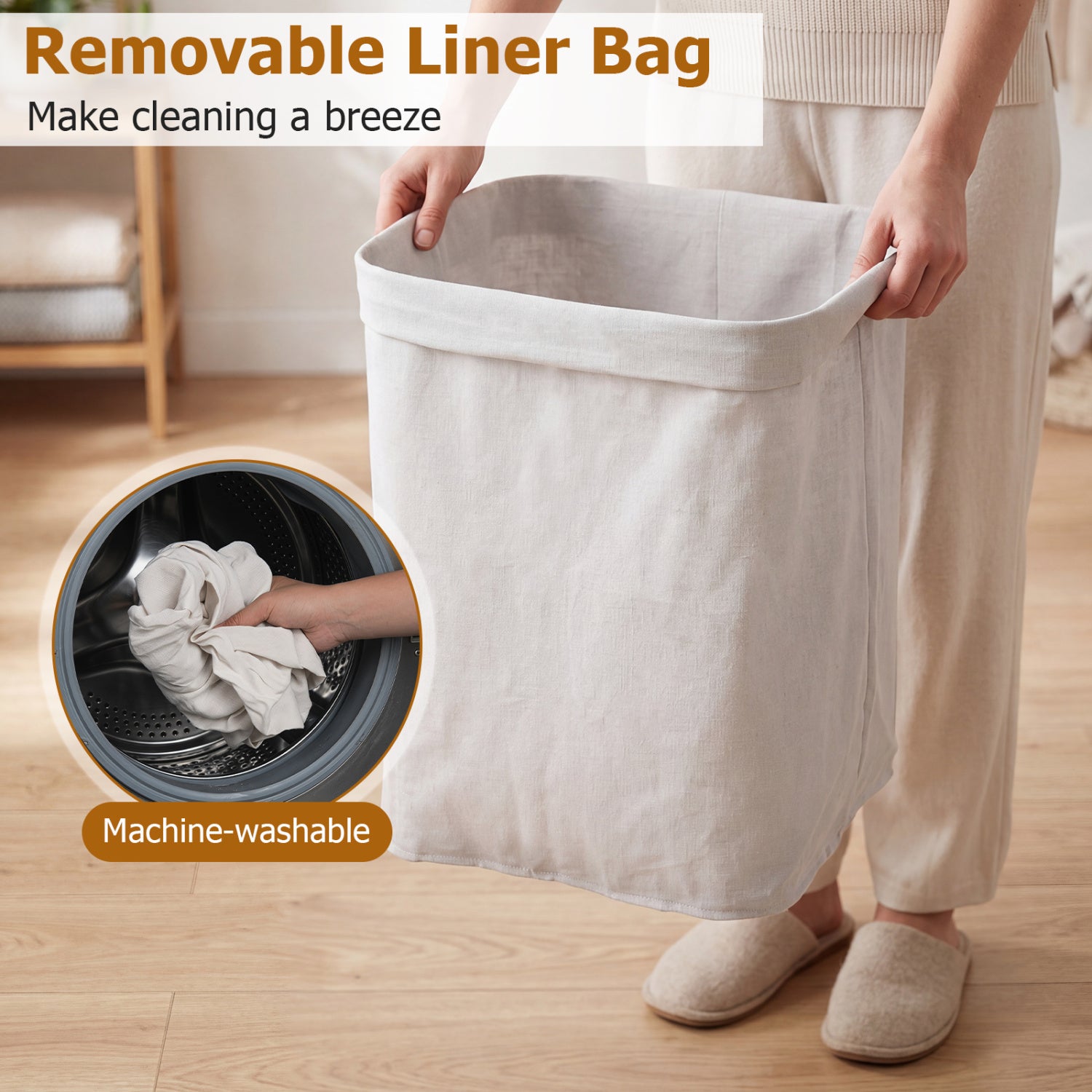 19 Gal Capacity Bamboo Clothes Hamper with Removable Liner and Portable Handles-Natrual