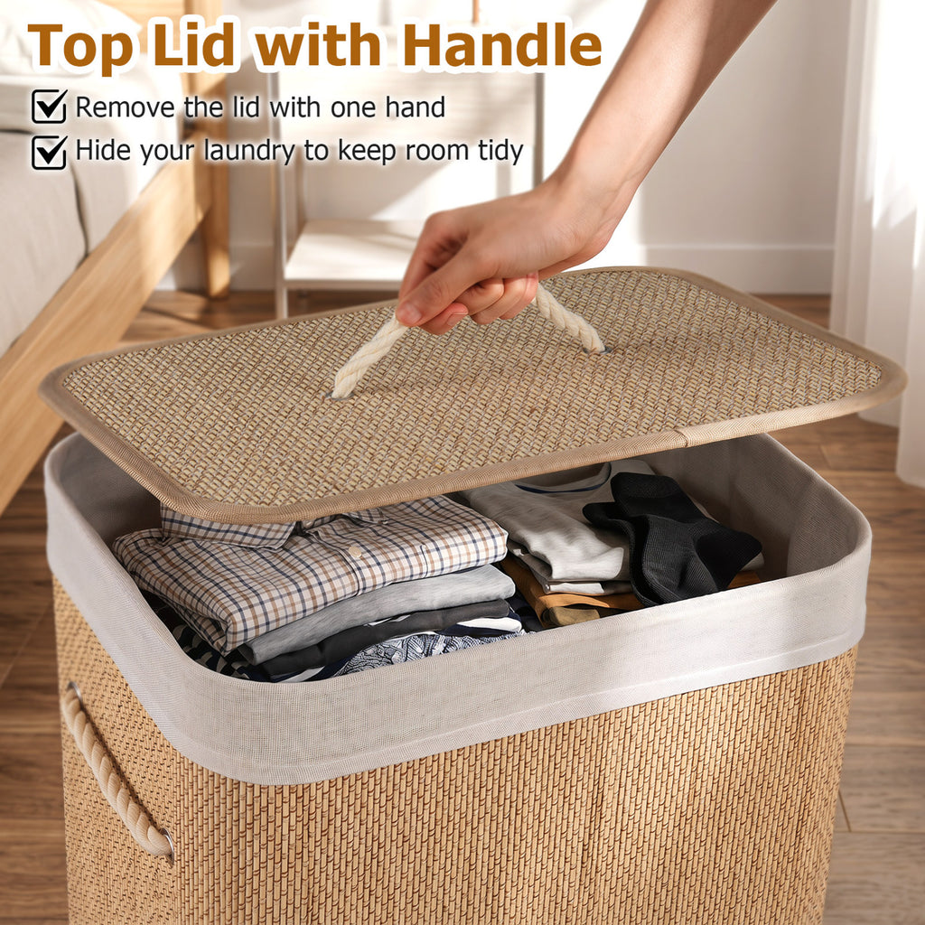 19 Gal Capacity Bamboo Clothes Hamper with Removable Liner and Portable Handles-Natrual
