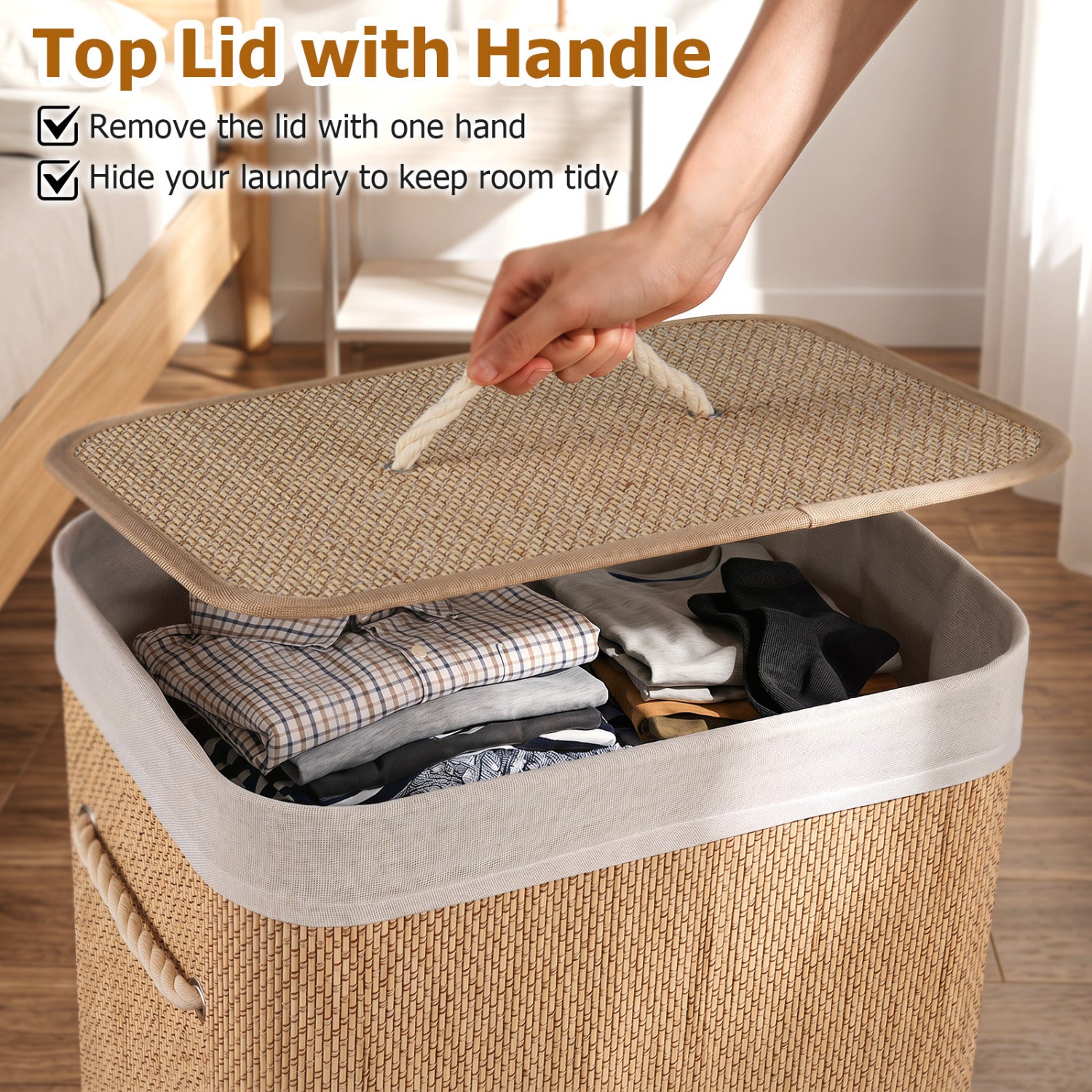 19 Gal Capacity Bamboo Clothes Hamper with Removable Liner and Portable Handles-Natrual