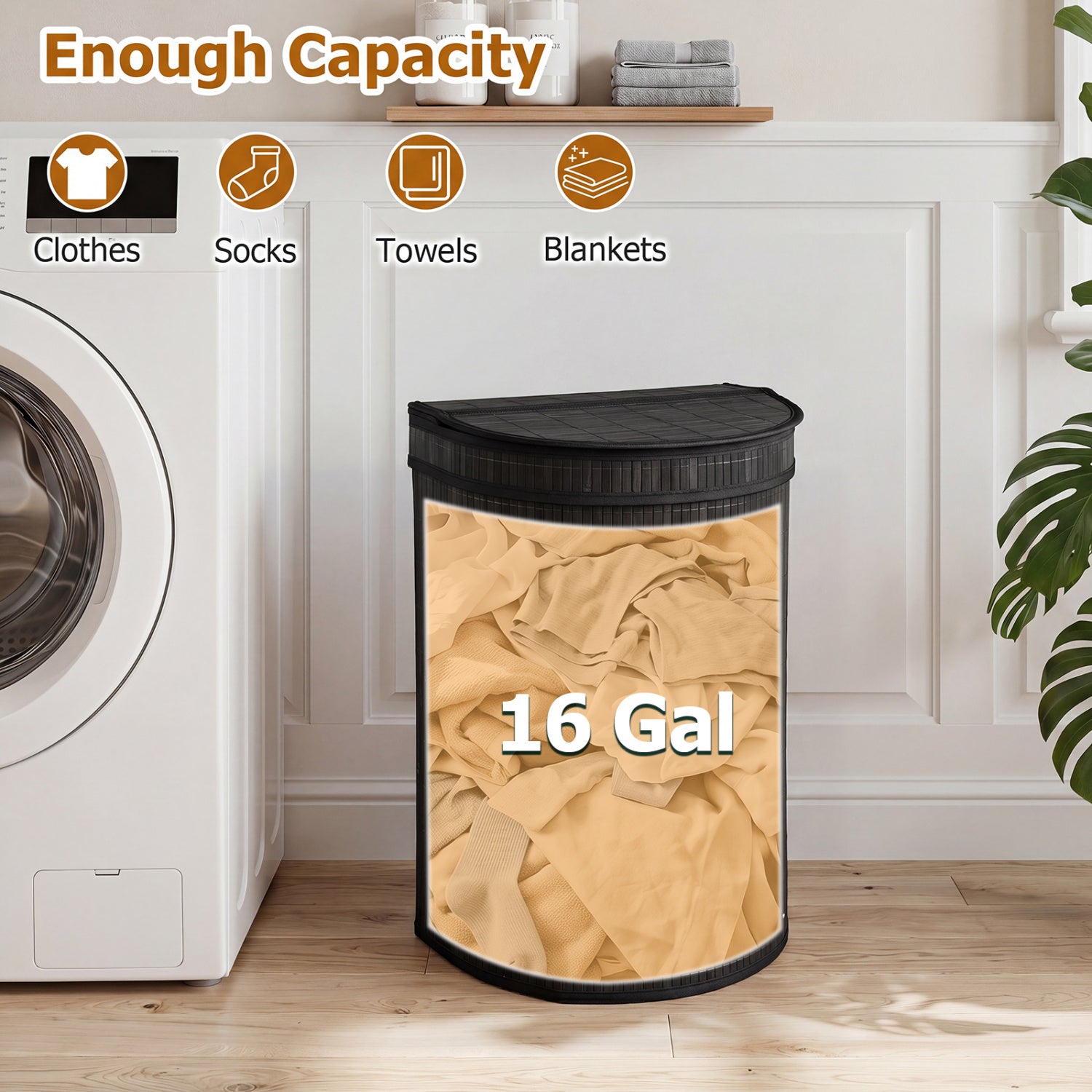 19 Gal Capacity Bamboo Laundry Hamper with Zippered Lid-Black