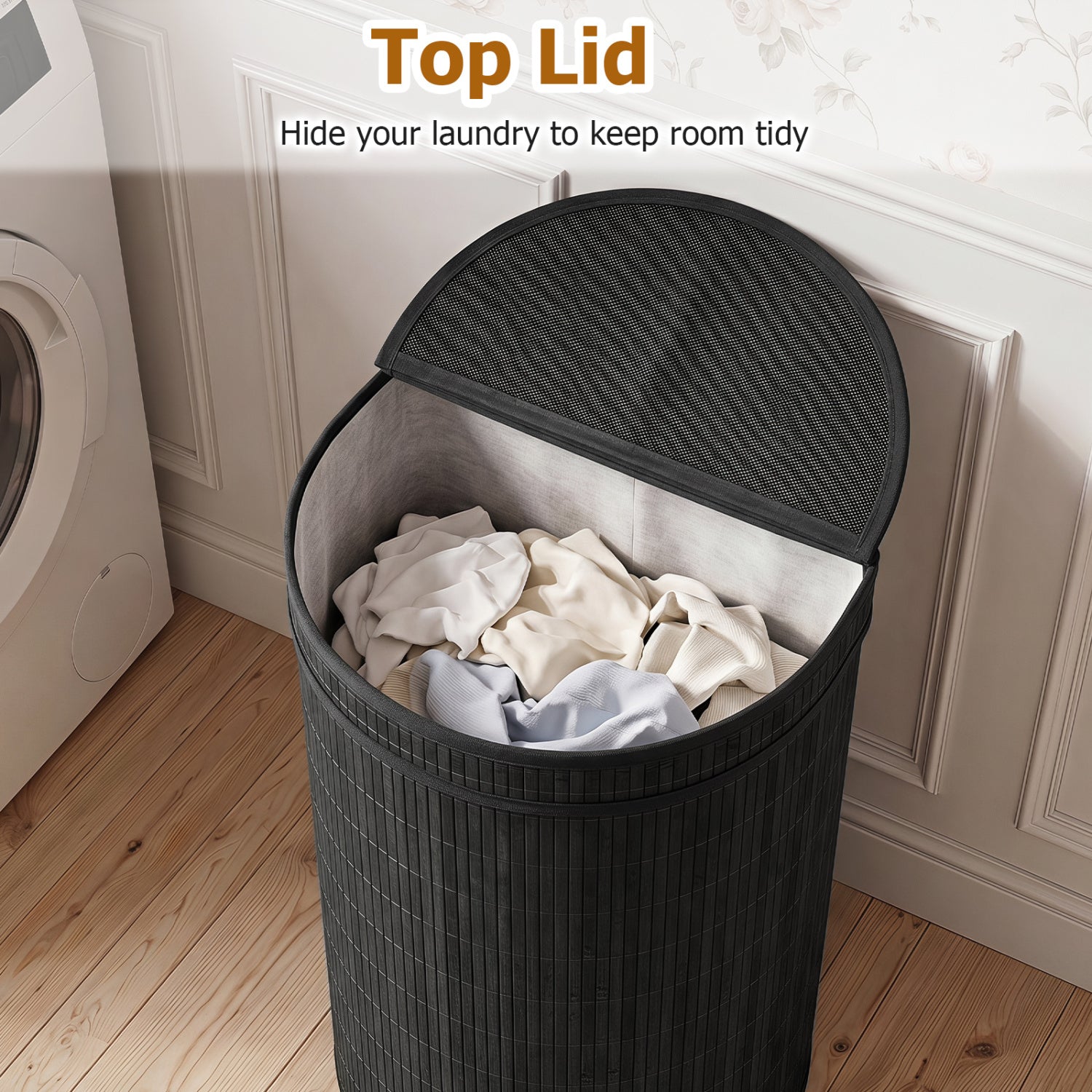 19 Gal Capacity Bamboo Laundry Hamper with Zippered Lid-Black