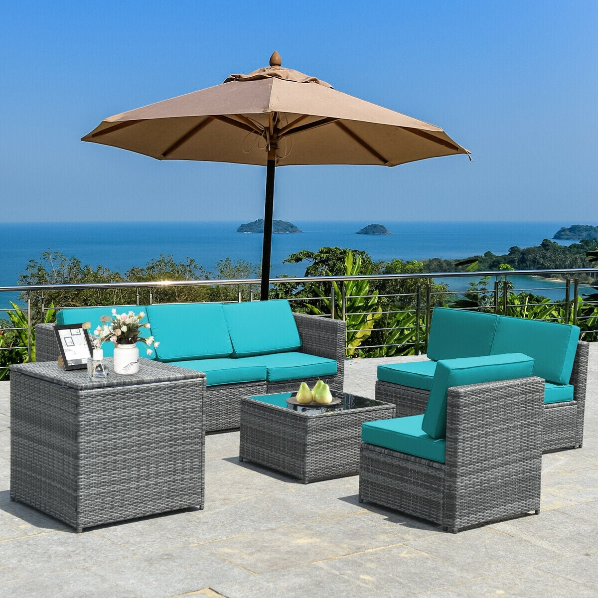 Ensemble de salle à manger 8 pièces en rotin et osier avec table de rangement - Turquoise