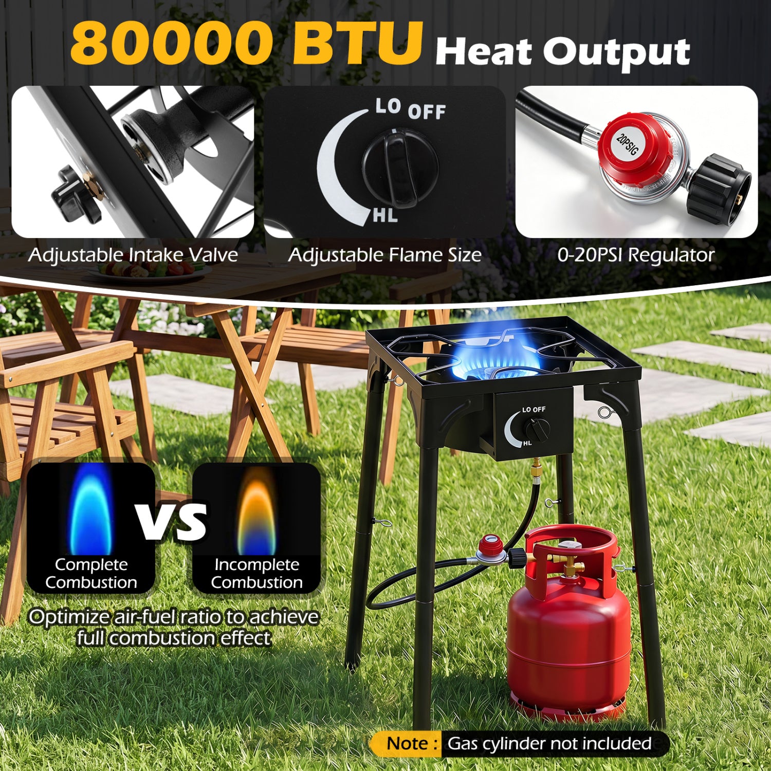 1 Burner Propane Stove 80000 BTU with Adjustable Regulator and Hose for Camping BBQ-Black