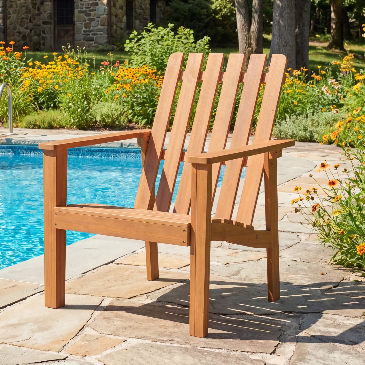 1 Pack Acacia Wood Outdoor Patio Chair with Slatted Backrest and Seat Built-in Armrest