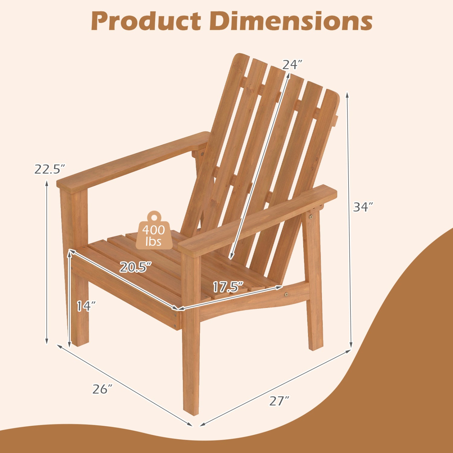 1 Pack Acacia Wood Outdoor Patio Chair with Slatted Backrest and Seat Built-in Armrest