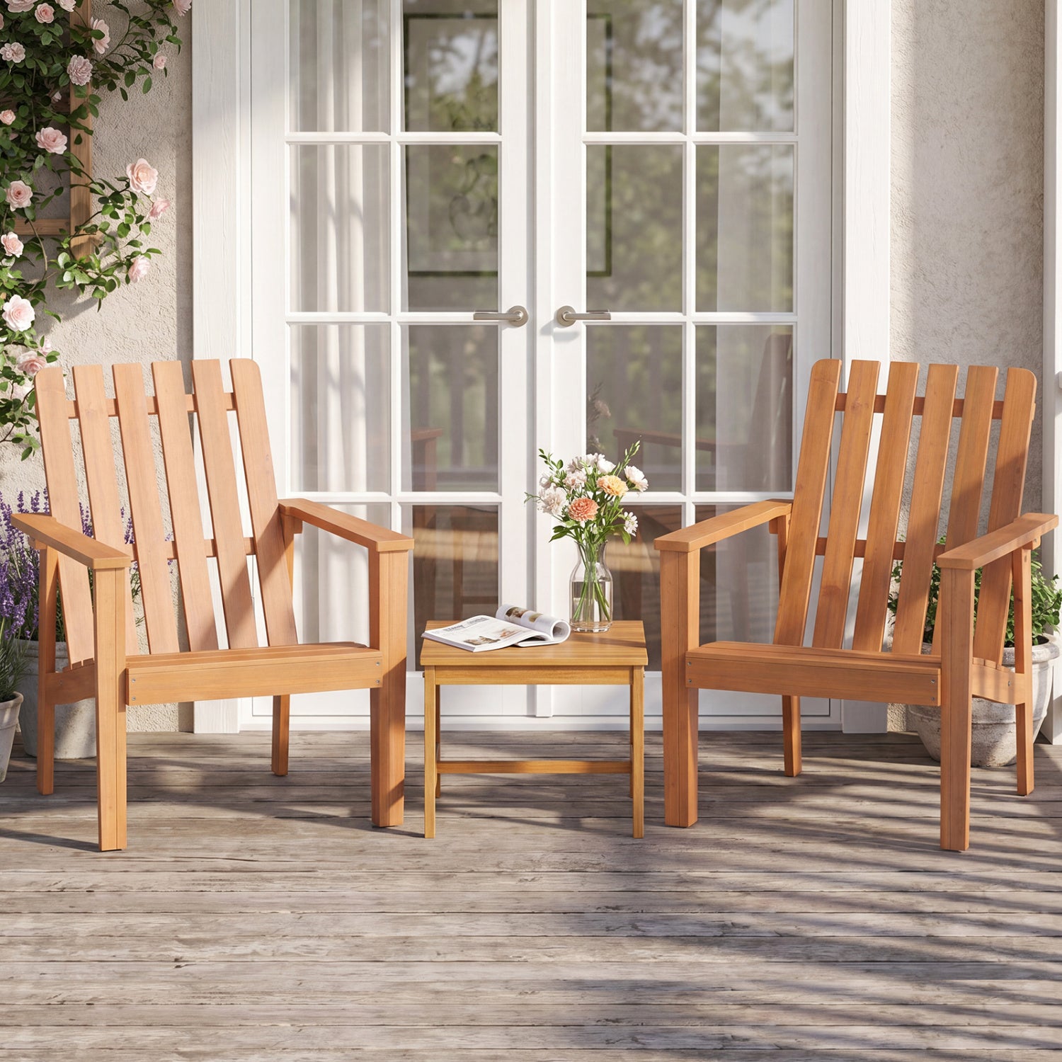 1 Pack Acacia Wood Outdoor Patio Chair with Slatted Backrest and Seat Built-in Armrest