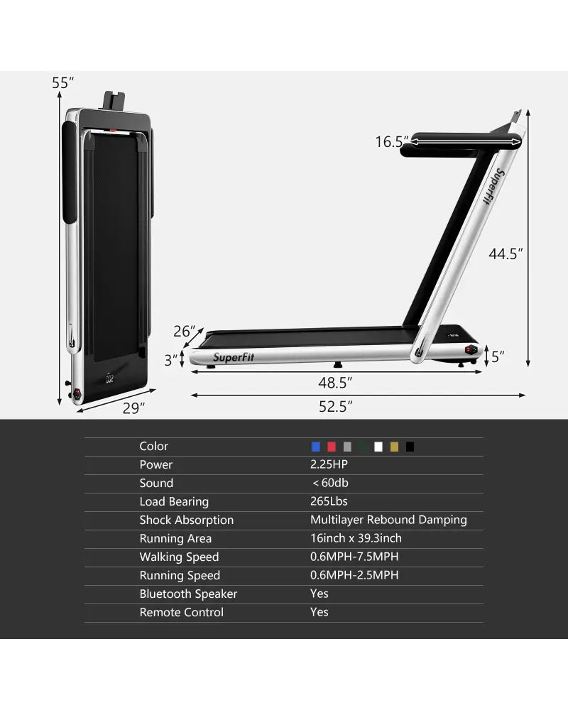 2.25HP 2 in 1 Folding Treadmill with APP Speaker Remote Control-Silver - Silver - Treadmills
