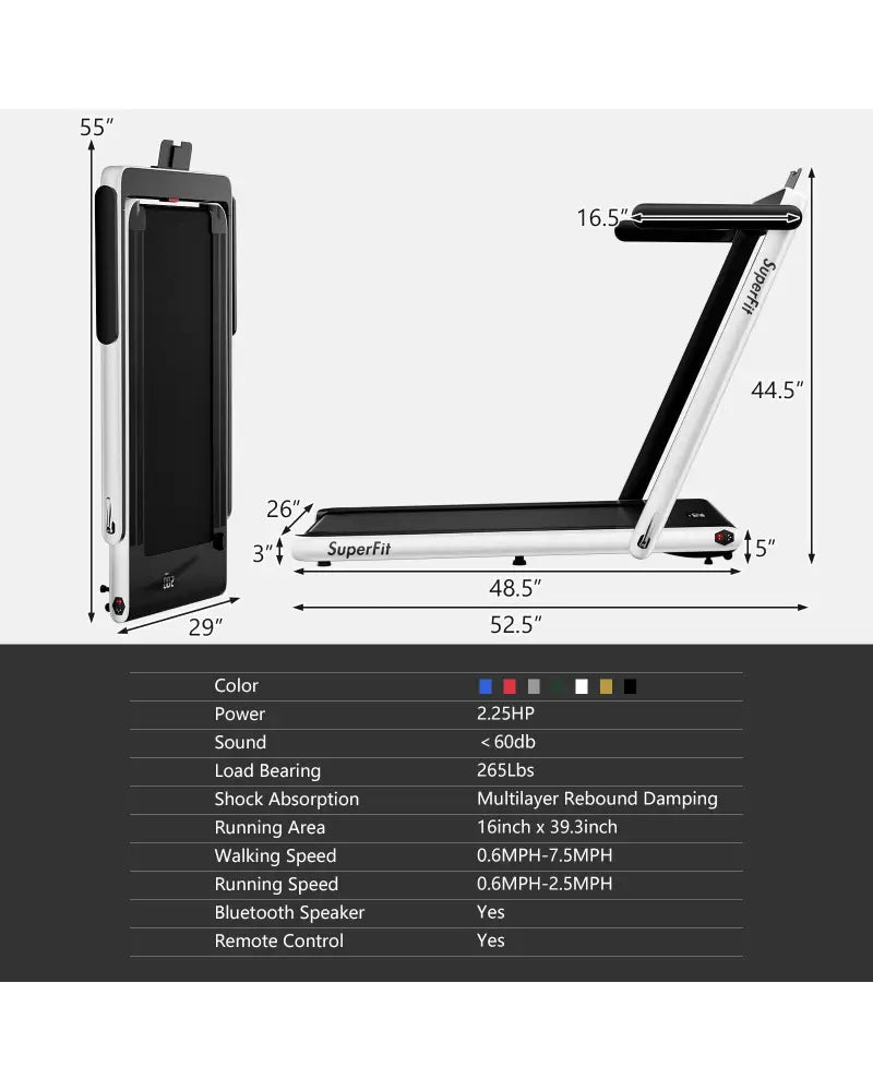 2.25HP 2 in 1 Folding Treadmill with APP Speaker Remote Control-White - White - Treadmills