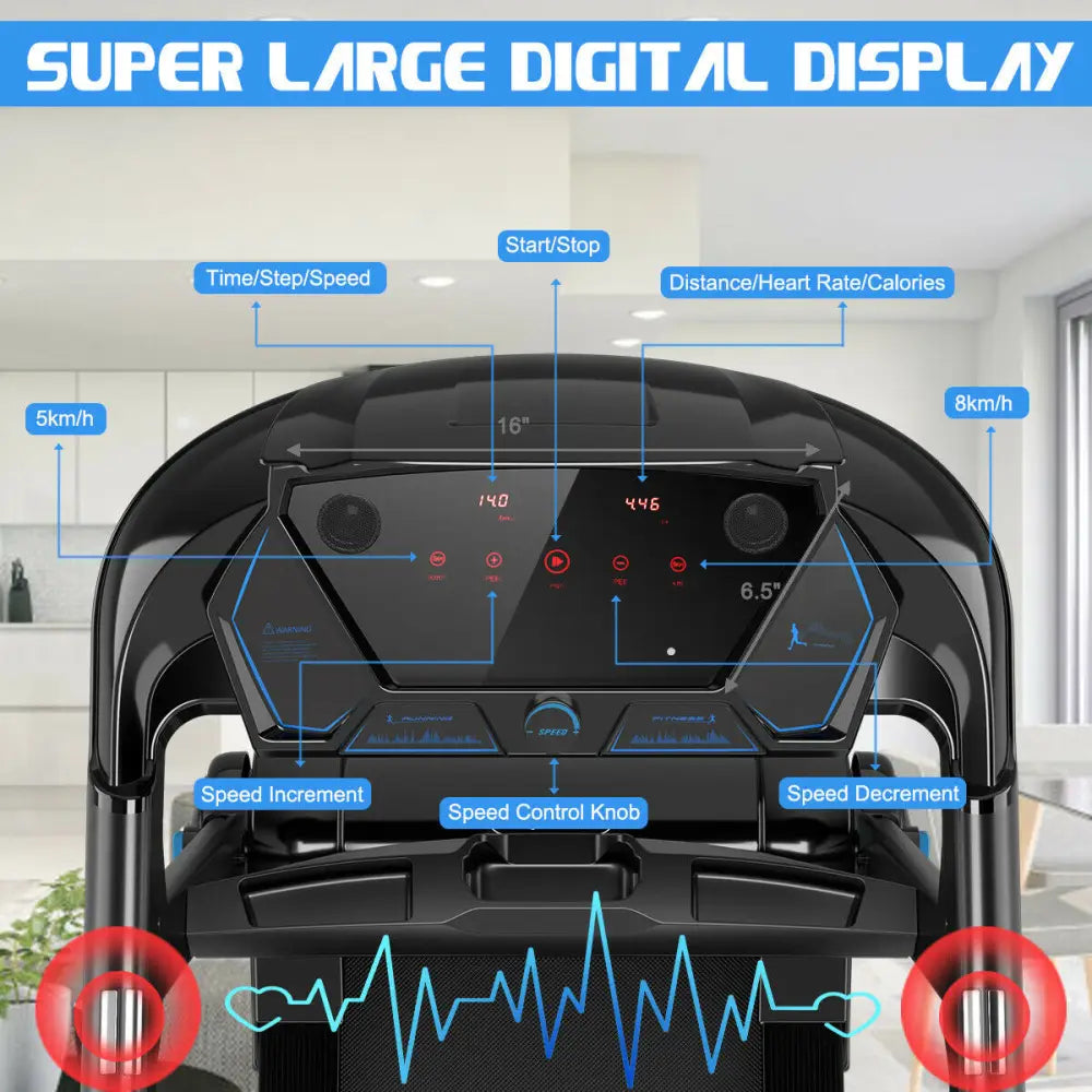 2.25HP Folding Treadmill Running Jogging Machine with APP heart rate bluetooth - Black - Treadmills