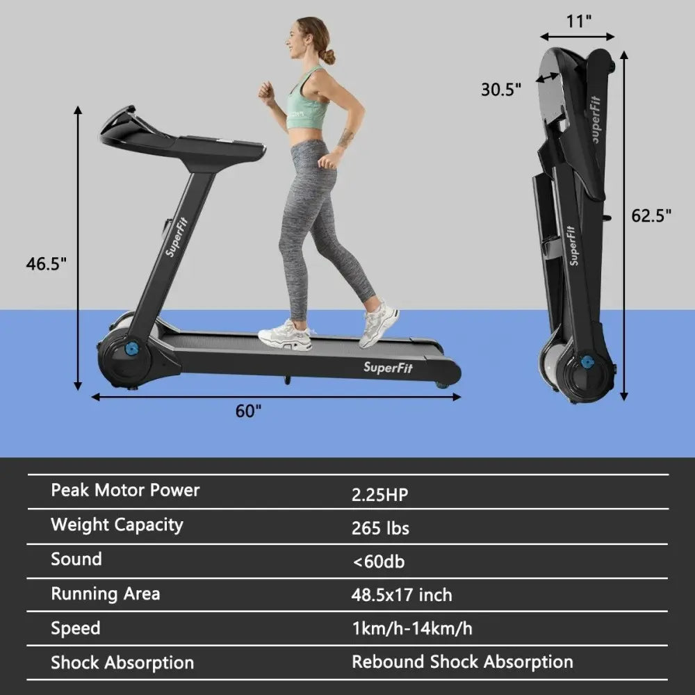 2.25HP Folding Treadmill Running Jogging Machine with APP heart rate bluetooth - Black - Treadmills