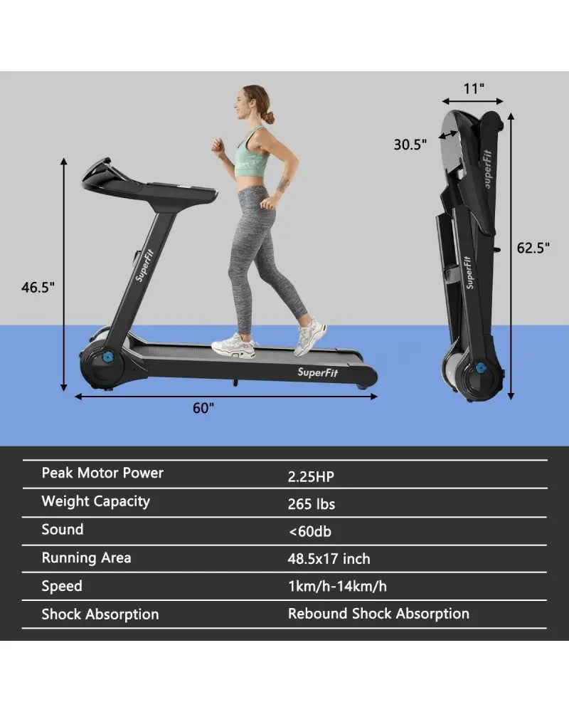 2.25HP Folding Treadmill Running Jogging Machine with APP heart rate bluetooth - Black - Treadmills